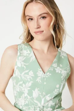 Sage Floral Ottoman Twill Belted Wide Leg Jumpsuit