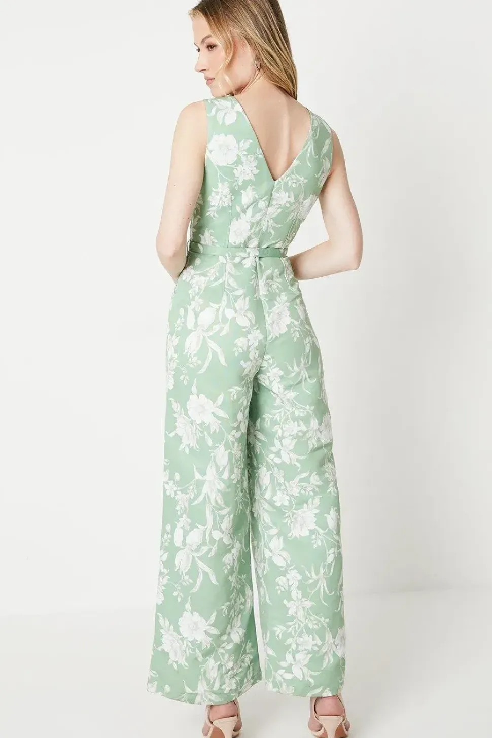 Sage Floral Ottoman Twill Belted Wide Leg Jumpsuit