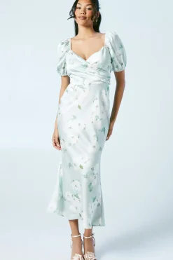 Sage Posy Puff Sleeve Satin Wrap Top Bridesmaids Dress