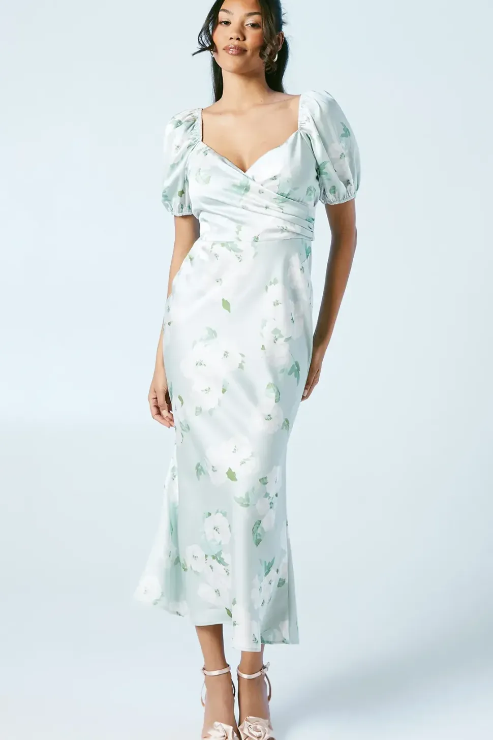 Sage Posy Puff Sleeve Satin Wrap Top Bridesmaids Dress