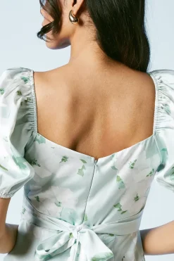 Sage Posy Puff Sleeve Satin Wrap Top Bridesmaids Dress