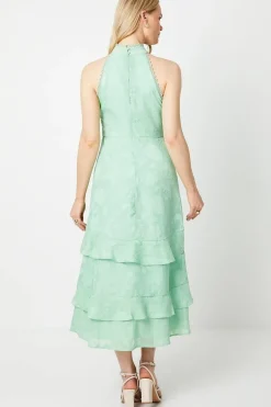 Sage Satin Jacquard Halterneck Midi Dress