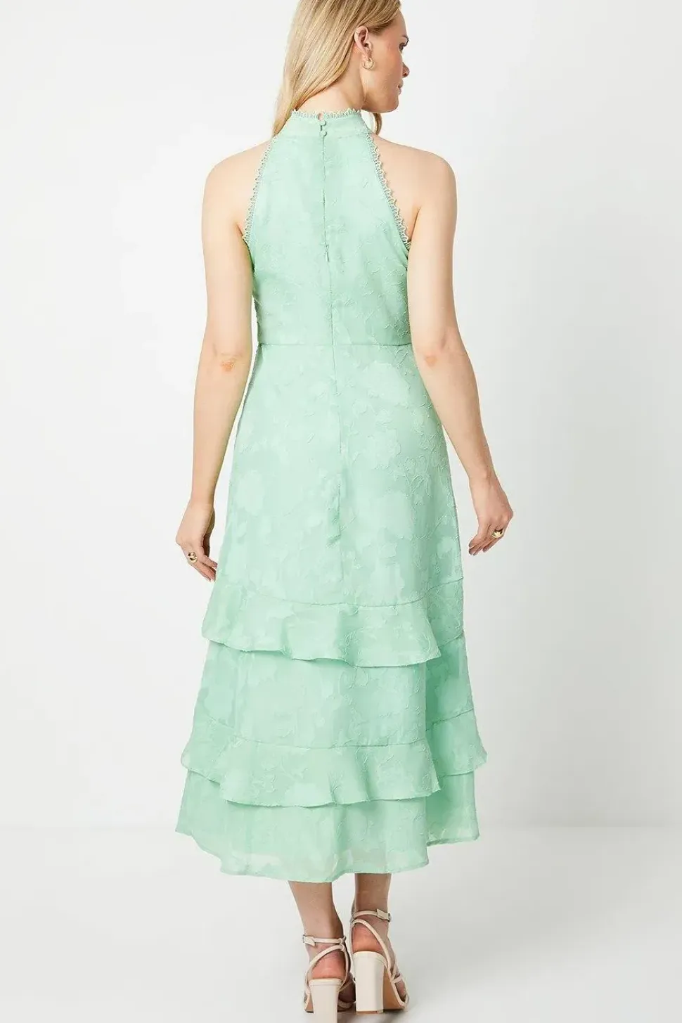 Sage Satin Jacquard Halterneck Midi Dress