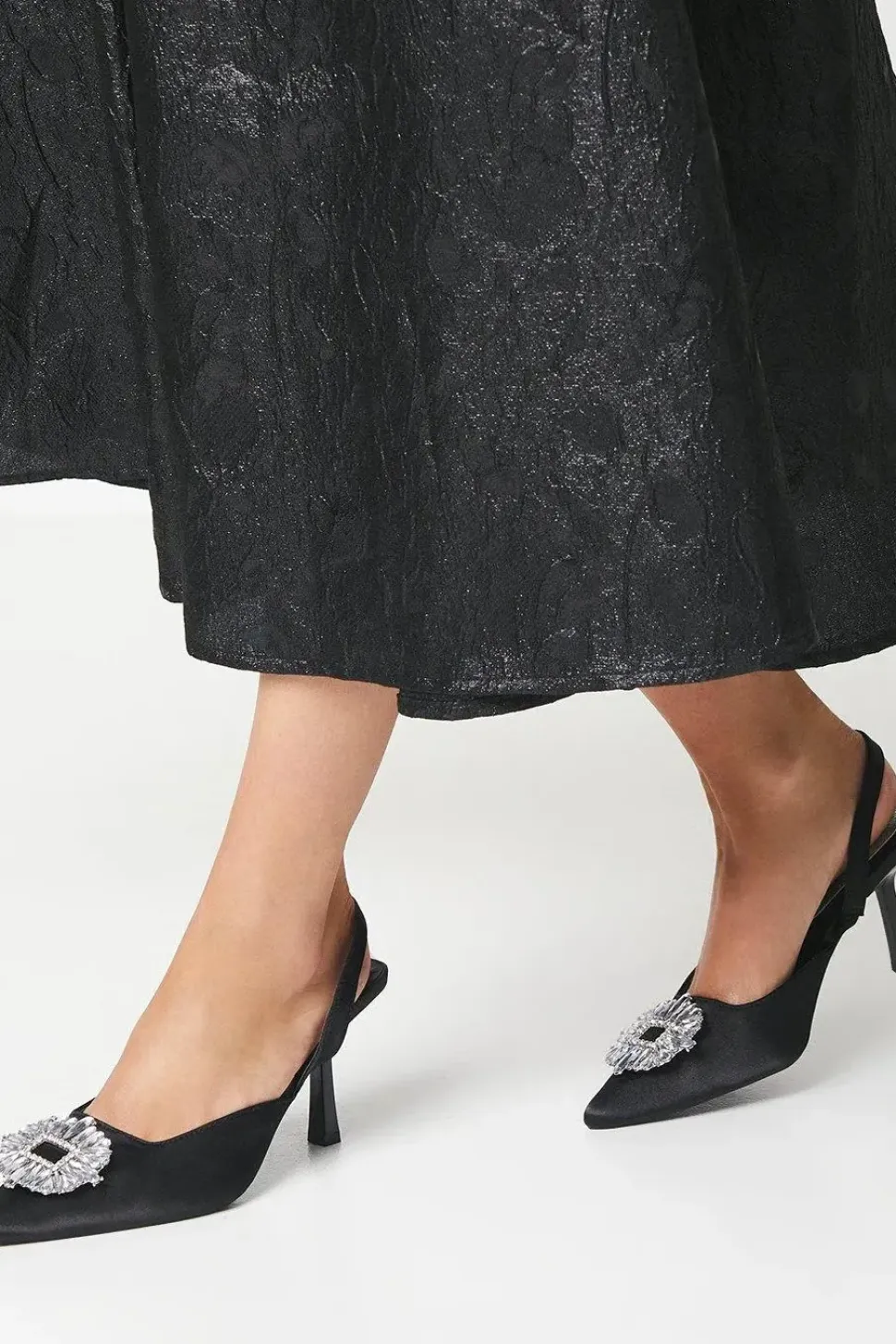 Samia Satin Jewelled Brooch Detail Slingback High Heel Court Shoes