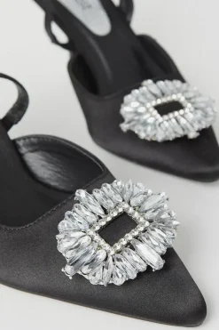 Samia Satin Jewelled Brooch Detail Slingback High Heel Court Shoes