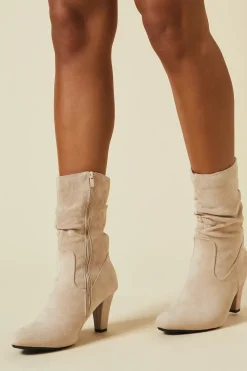Sara Faux Ruched Detail Mid Calf High Heel Boot