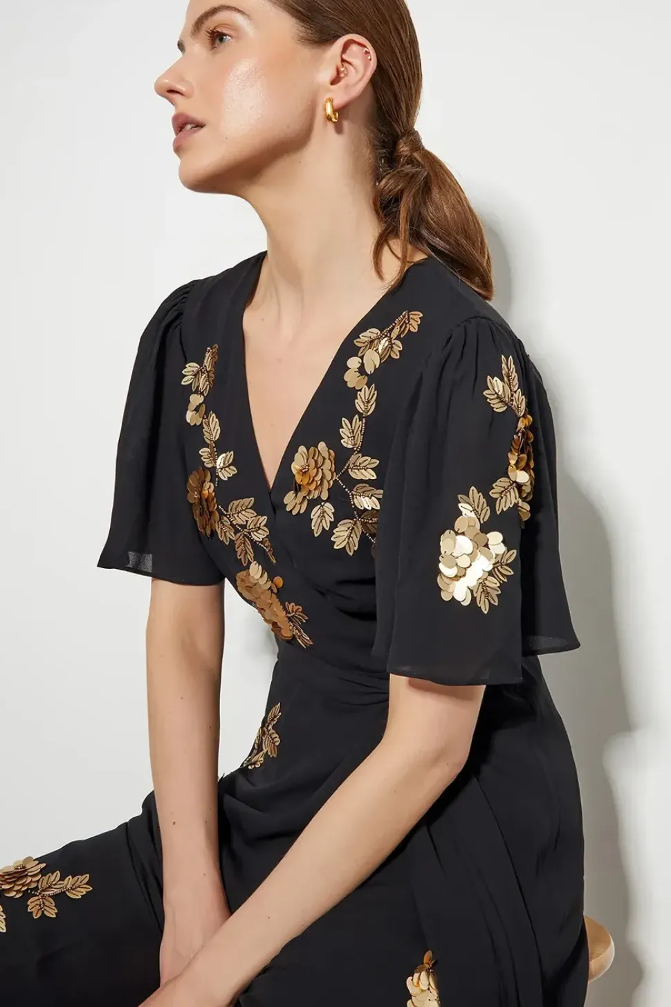 Sarah Sequin Floral Midi Wrap Dress Black