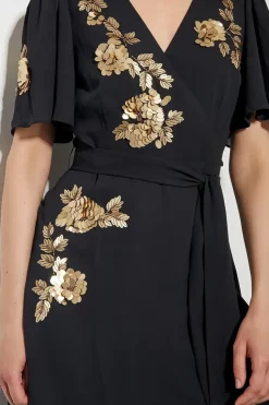 Sarah Sequin Floral Midi Wrap Dress Black