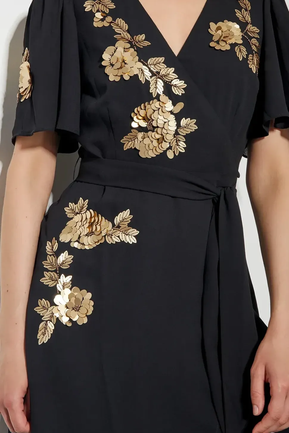 Sarah Sequin Floral Midi Wrap Dress Black