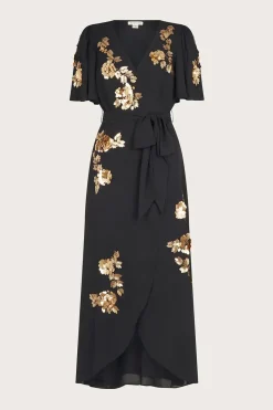 Sarah Sequin Floral Midi Wrap Dress Black
