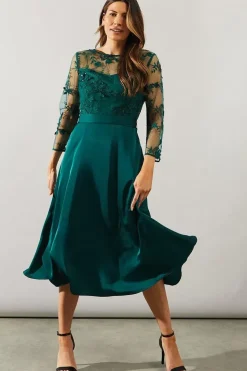 Satin And Mesh Overlay Fit And Flare Dress