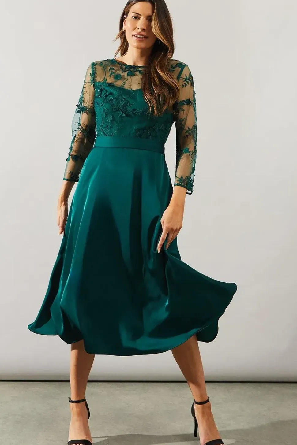 Satin And Mesh Overlay Fit And Flare Dress