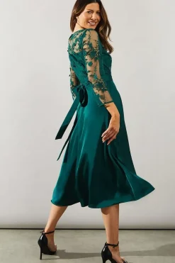 Satin And Mesh Overlay Fit And Flare Dress