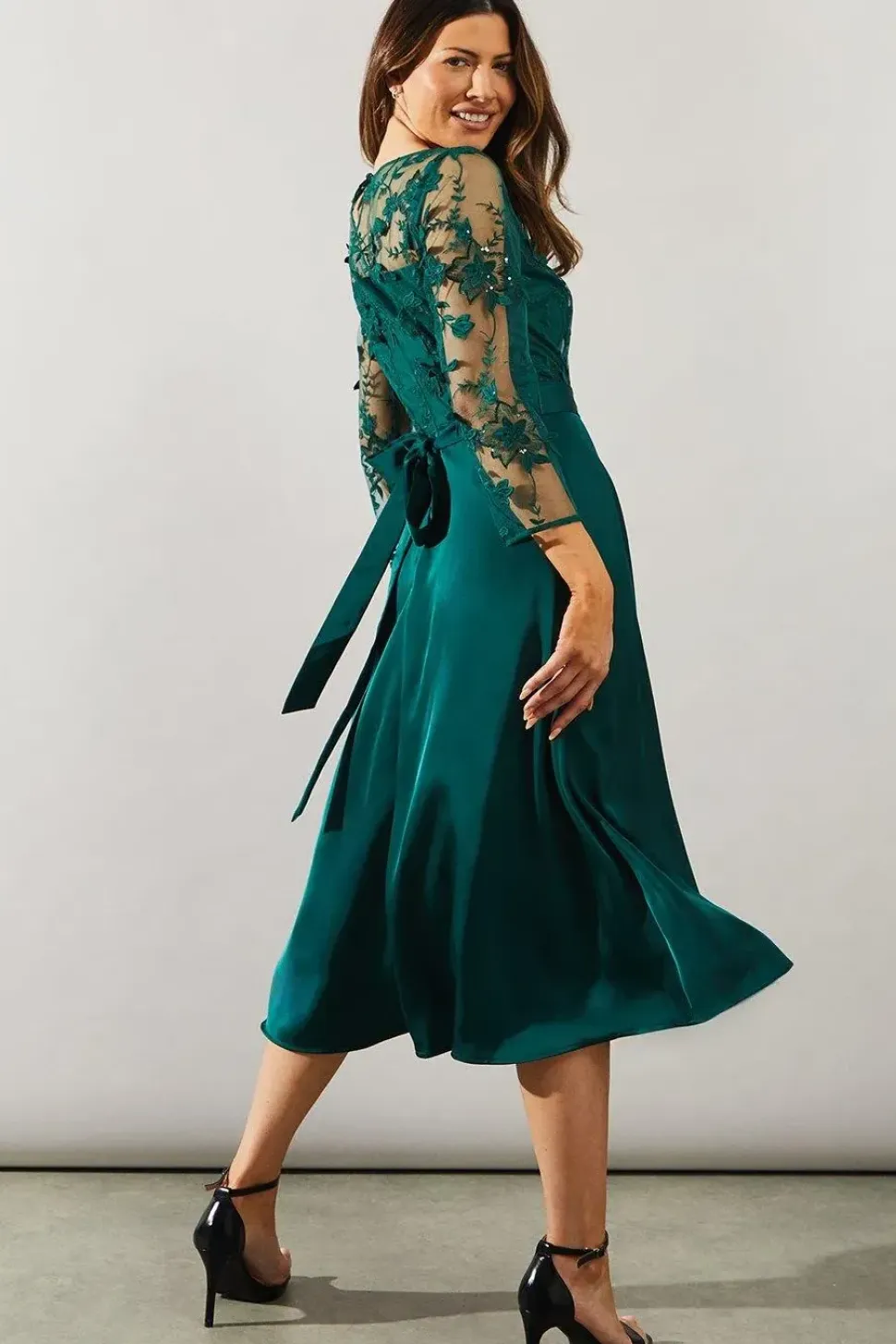 Satin And Mesh Overlay Fit And Flare Dress