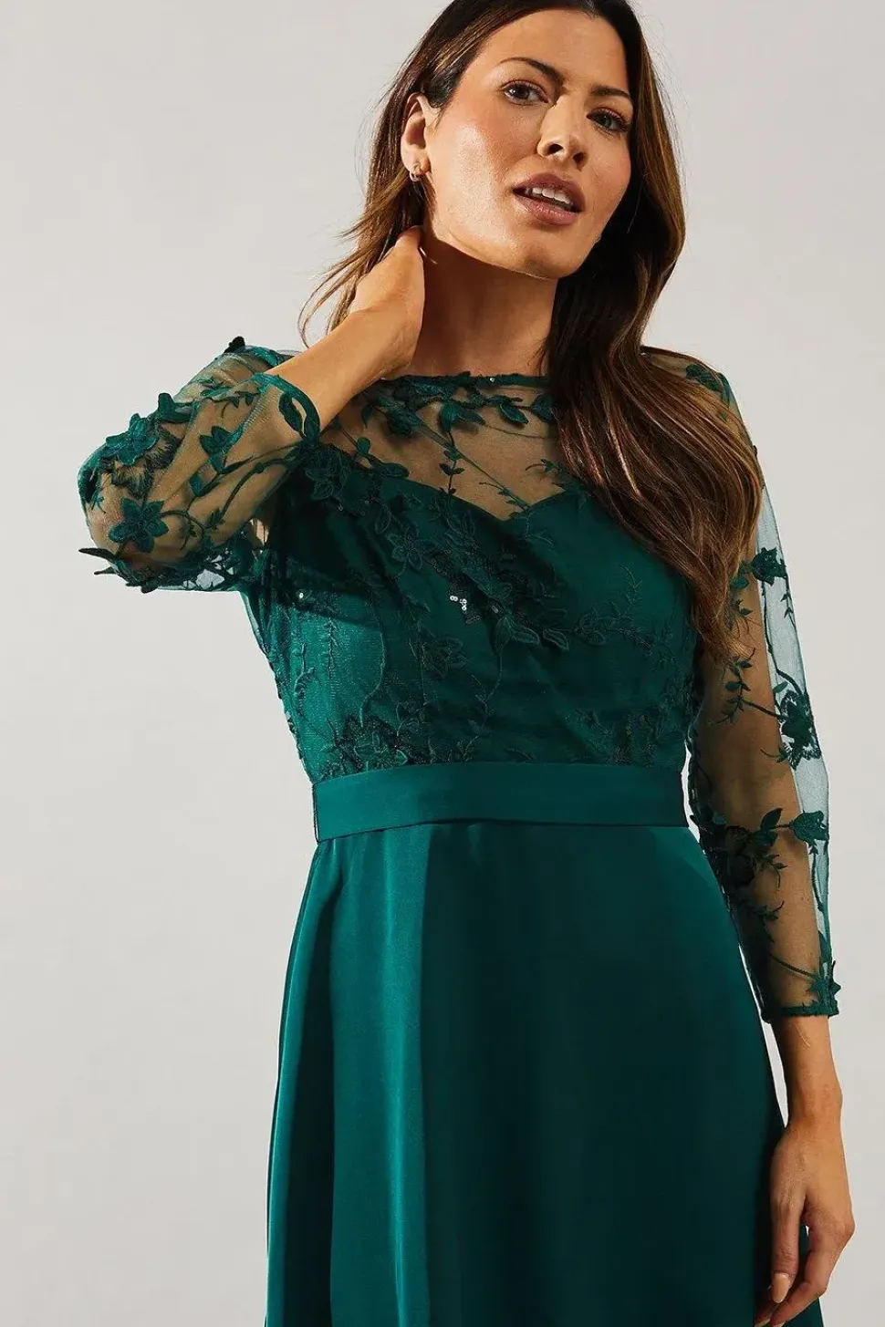 Satin And Mesh Overlay Fit And Flare Dress