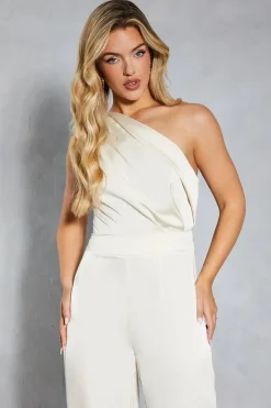 Satin Asymmetric Draped Neckline Wide Leg Jumpsuit