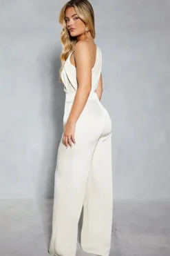 Satin Asymmetric Draped Neckline Wide Leg Jumpsuit
