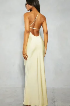 Satin Asymmetric Strap Pleated Waist Low Back Maxi Dress