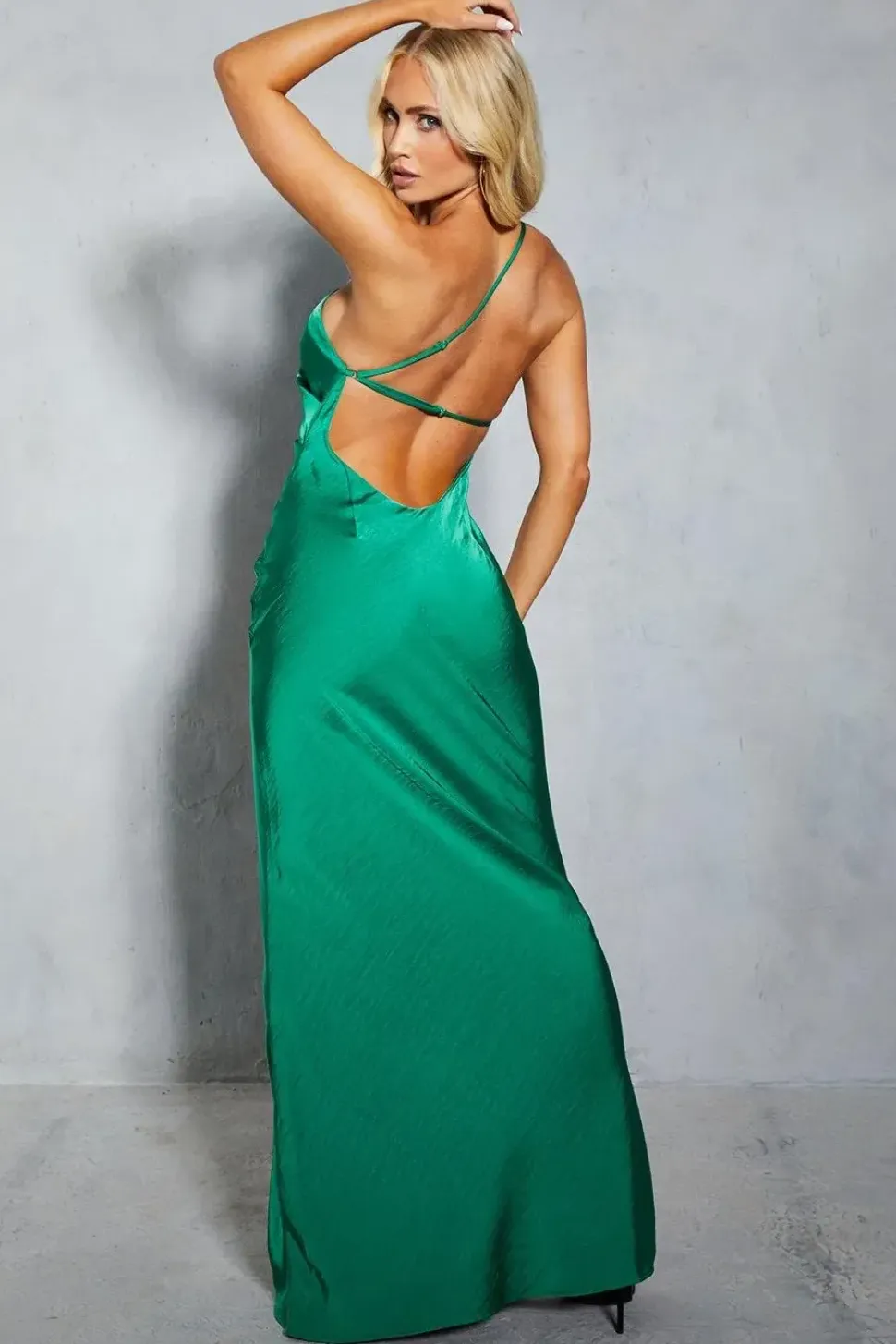 Satin Asymmetric Strap Pleated Waist Low Back Maxi Dress