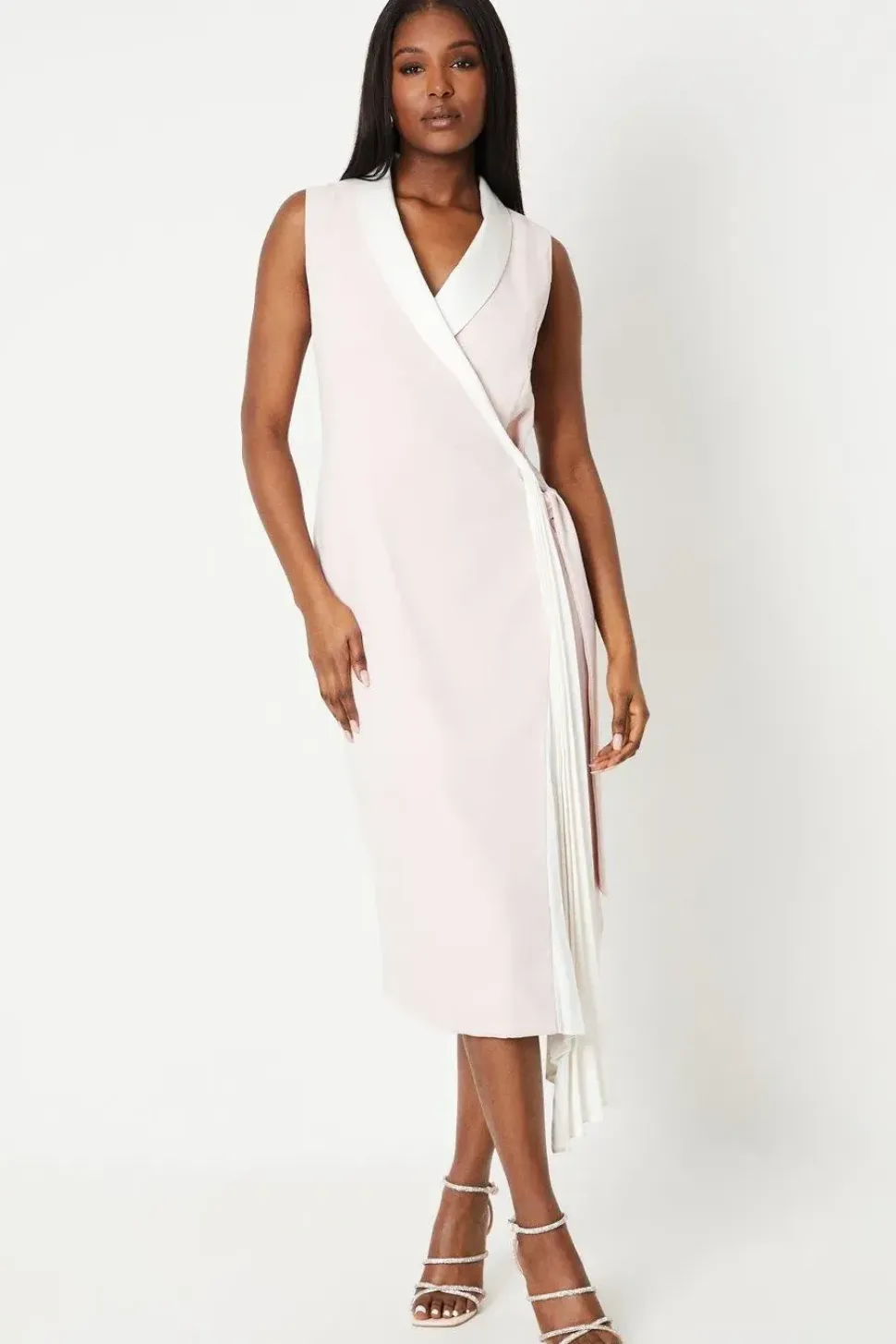 Satin Back Crepe Wrap Dress With Pleat Drape
