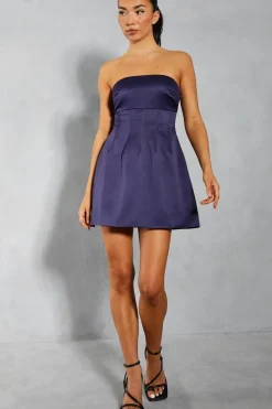 Satin Bandeau Pintuck Detail A-line Mini Dress