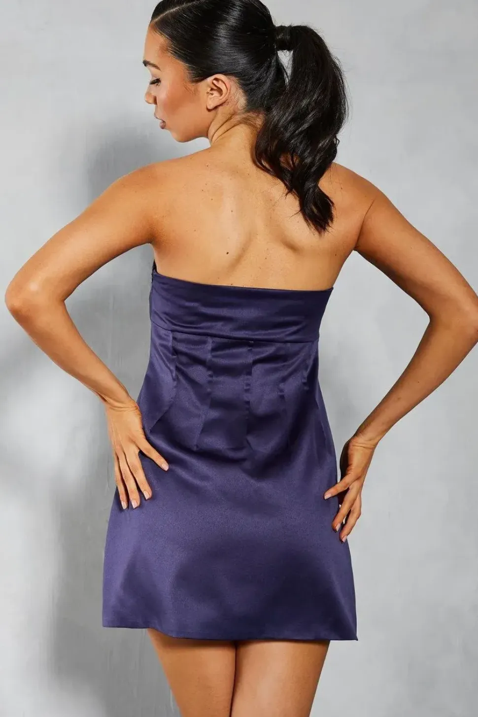 Satin Bandeau Pintuck Detail A-line Mini Dress
