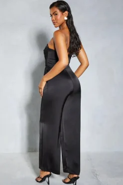 Satin Bandeau Ruched Bust Straight Leg Jumpsuit