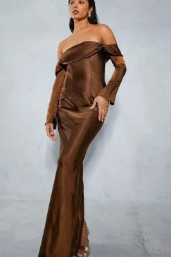 Satin Bardot Flared Sleeve Maxi Dress