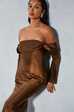 Satin Bardot Flared Sleeve Maxi Dress
