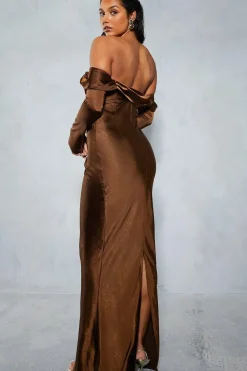 Satin Bardot Flared Sleeve Maxi Dress