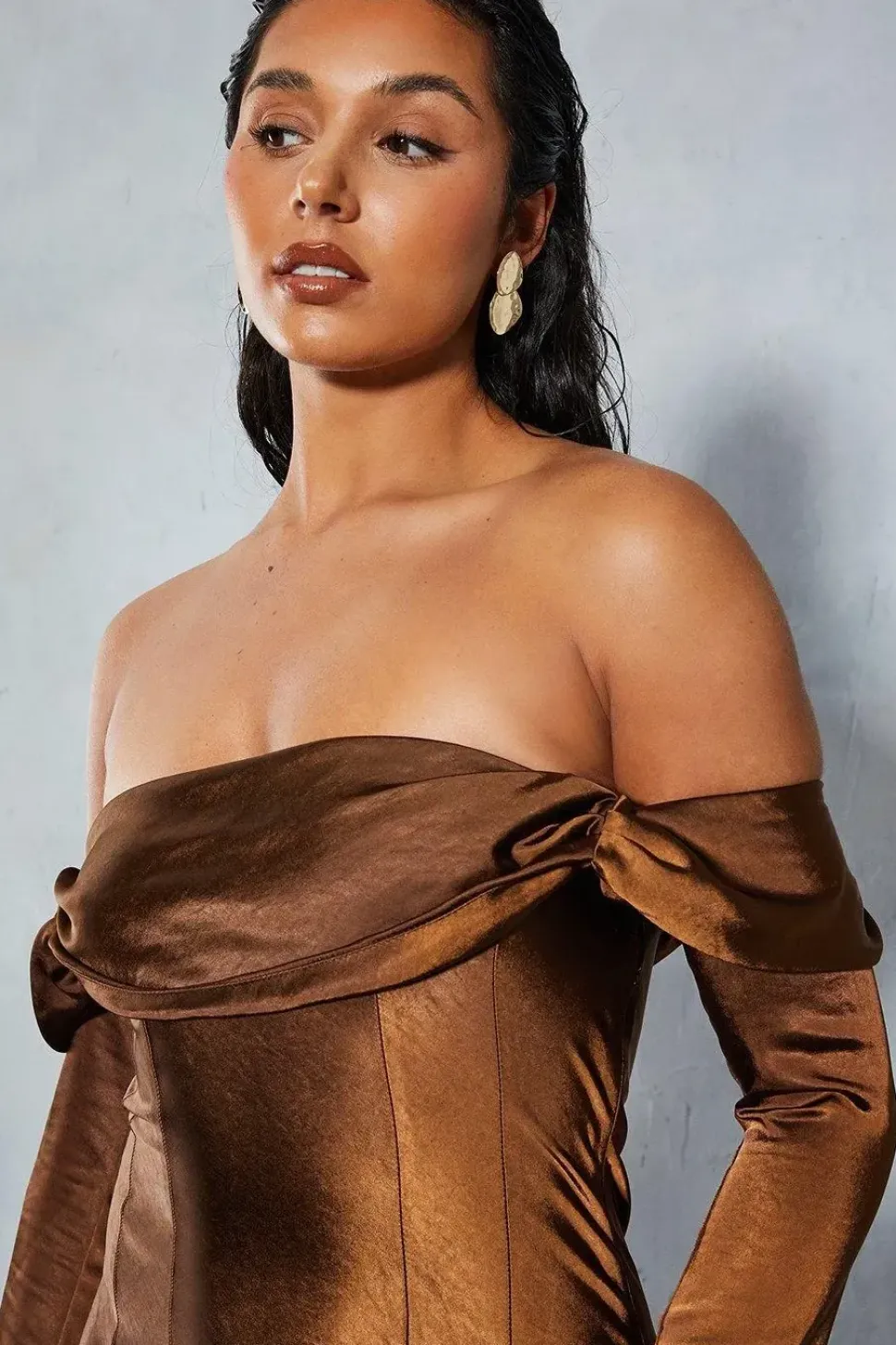 Satin Bardot Flared Sleeve Maxi Dress