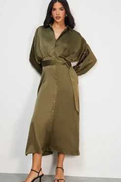 Satin Batwing Split Side Midi Shirt Dress