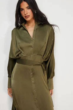 Satin Batwing Split Side Midi Shirt Dress