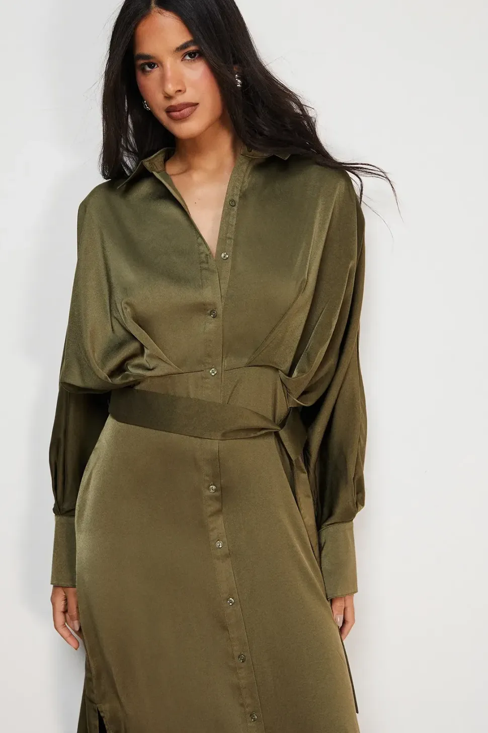 Satin Batwing Split Side Midi Shirt Dress