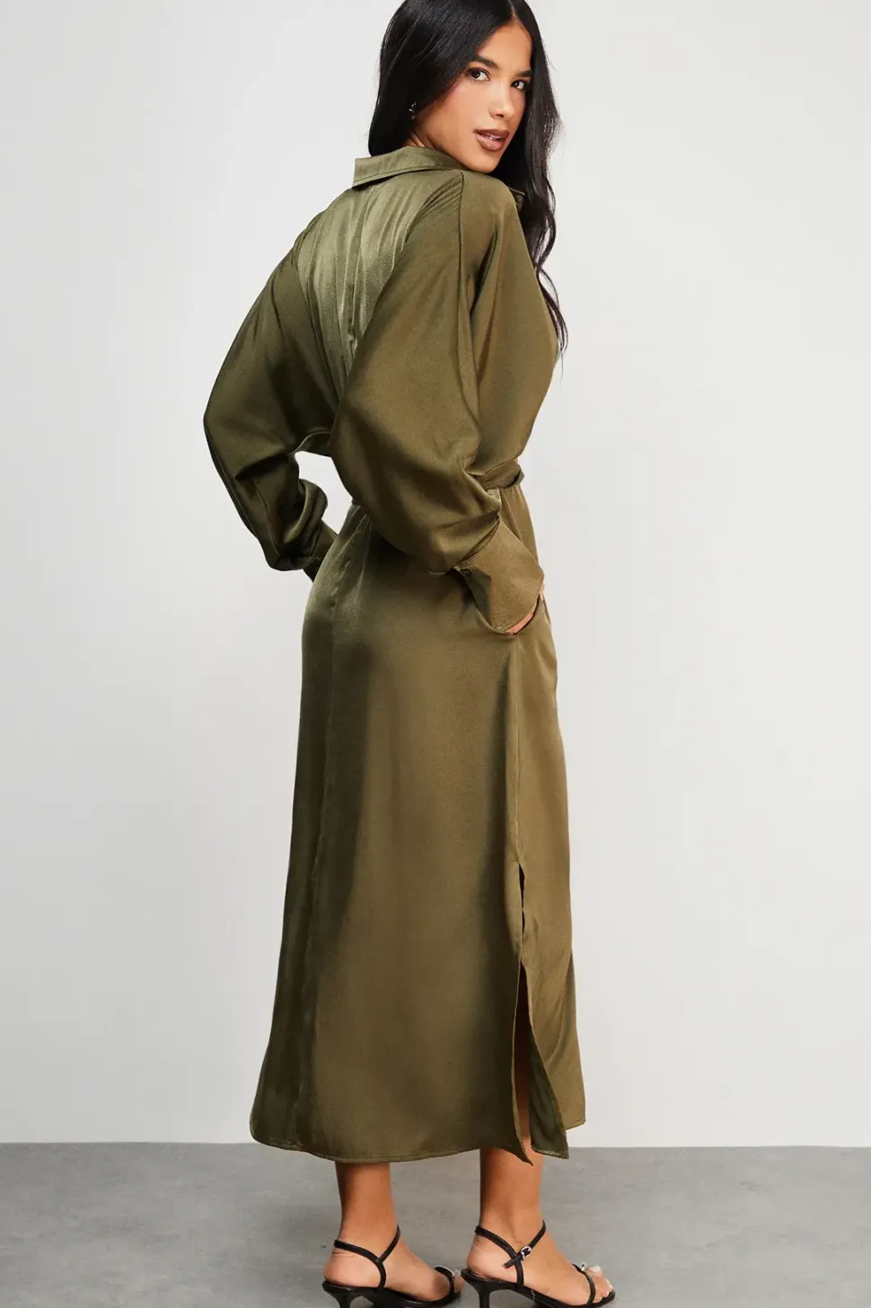 Satin Batwing Split Side Midi Shirt Dress