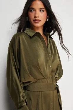 Satin Batwing Split Side Midi Shirt Dress