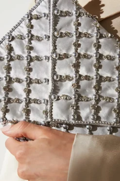 Satin Beaded Envelope Clutch Bag With Shoulder Strap