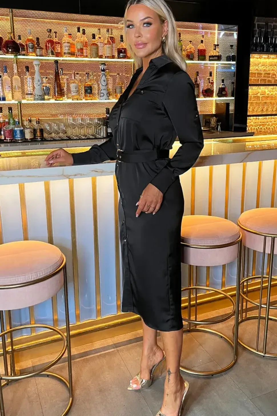 Satin Belted 3/4 Sleeve Gold Buttoned Midi Shirt Dress