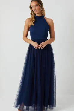 Satin Bodice Tulle Skirt Maxi Bridesmaid Dress