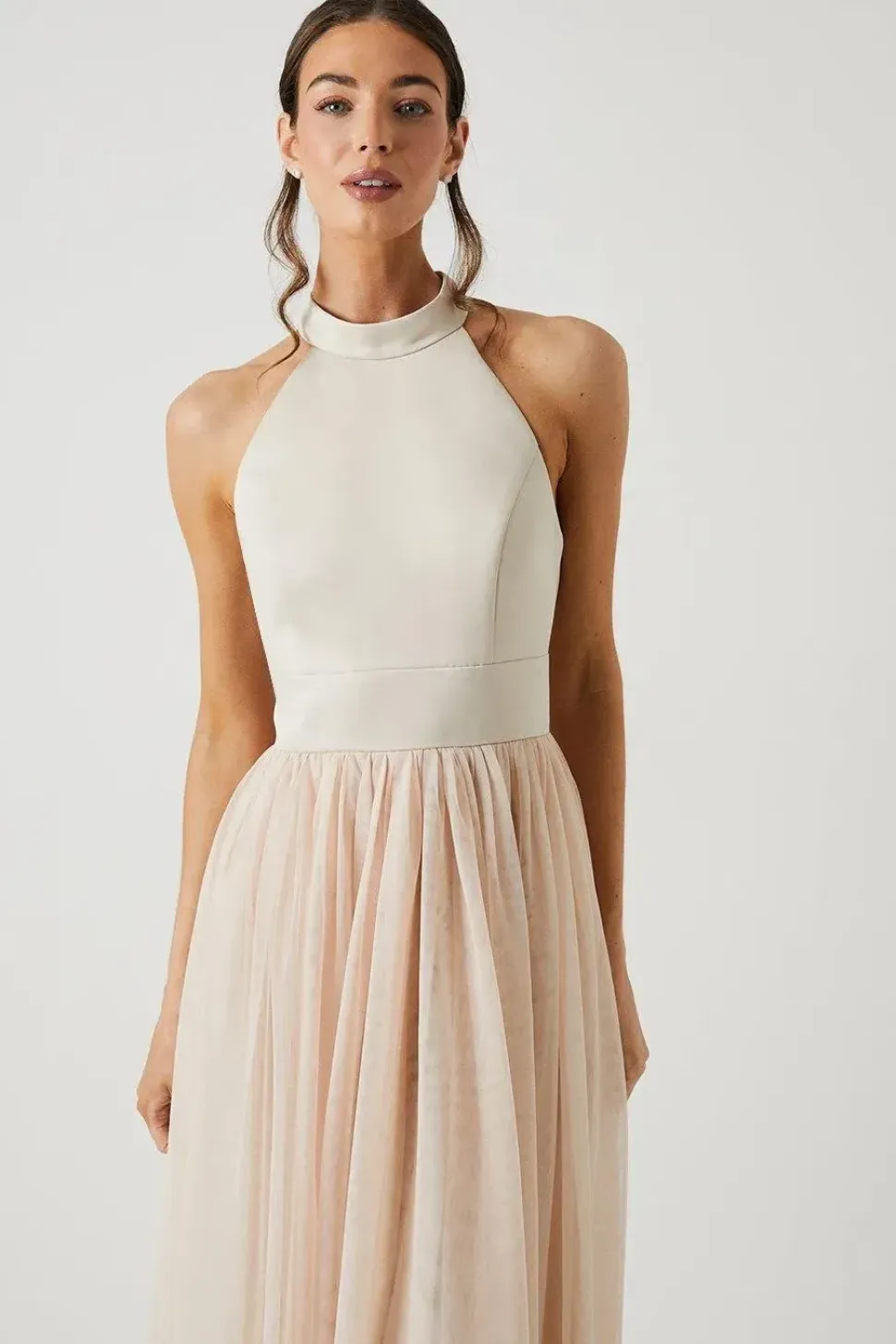 Satin Bodice Tulle Skirt Maxi Bridesmaid Dress