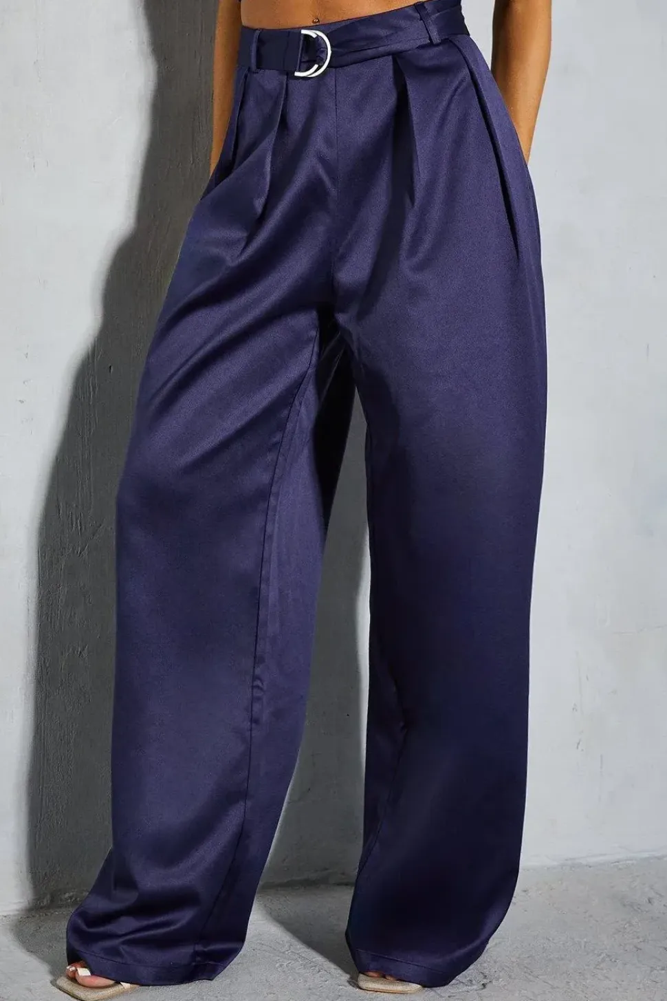 Satin Buckle Pleated Wide Leg Trousers