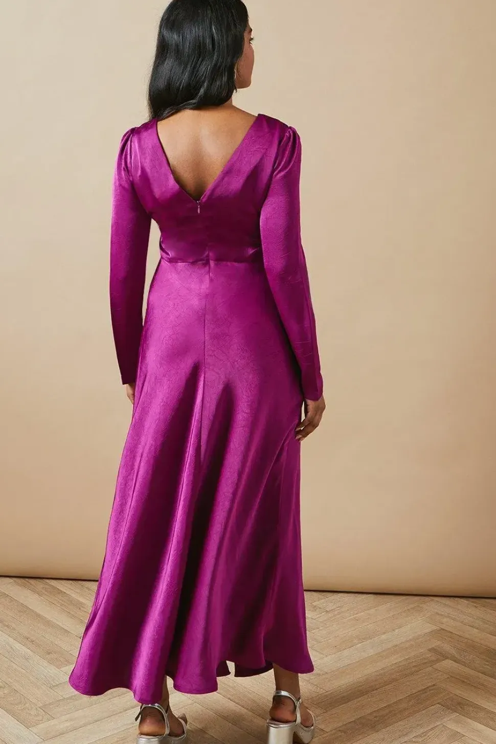 Satin Button Front Long Sleeve Tea Midi Dress