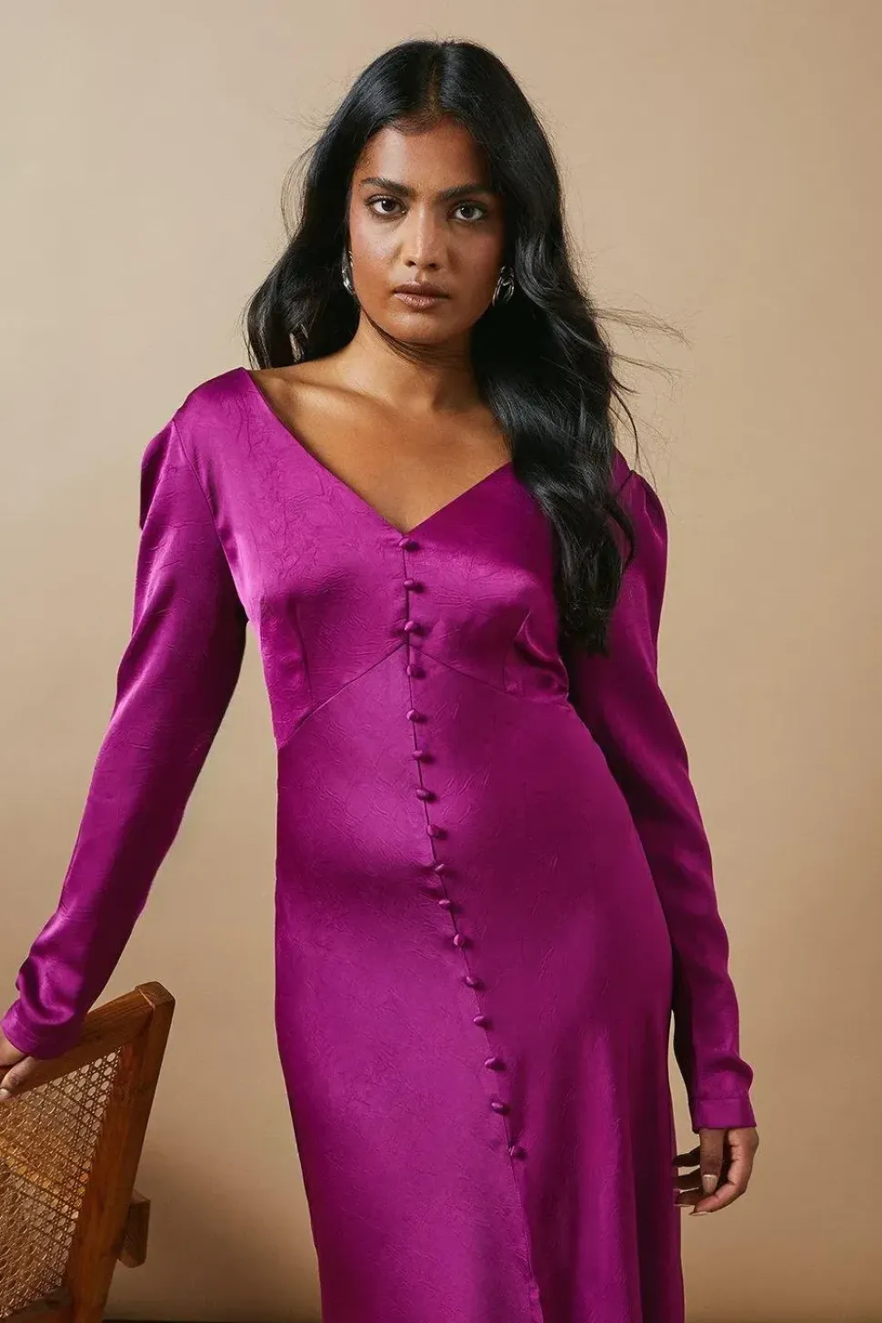 Satin Button Front Long Sleeve Tea Midi Dress