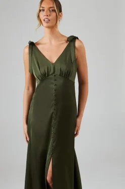 Satin Button Front Tie Shoulder Midi Bridesmaids Dress
