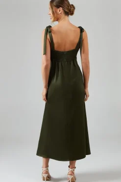 Satin Button Front Tie Shoulder Midi Bridesmaids Dress