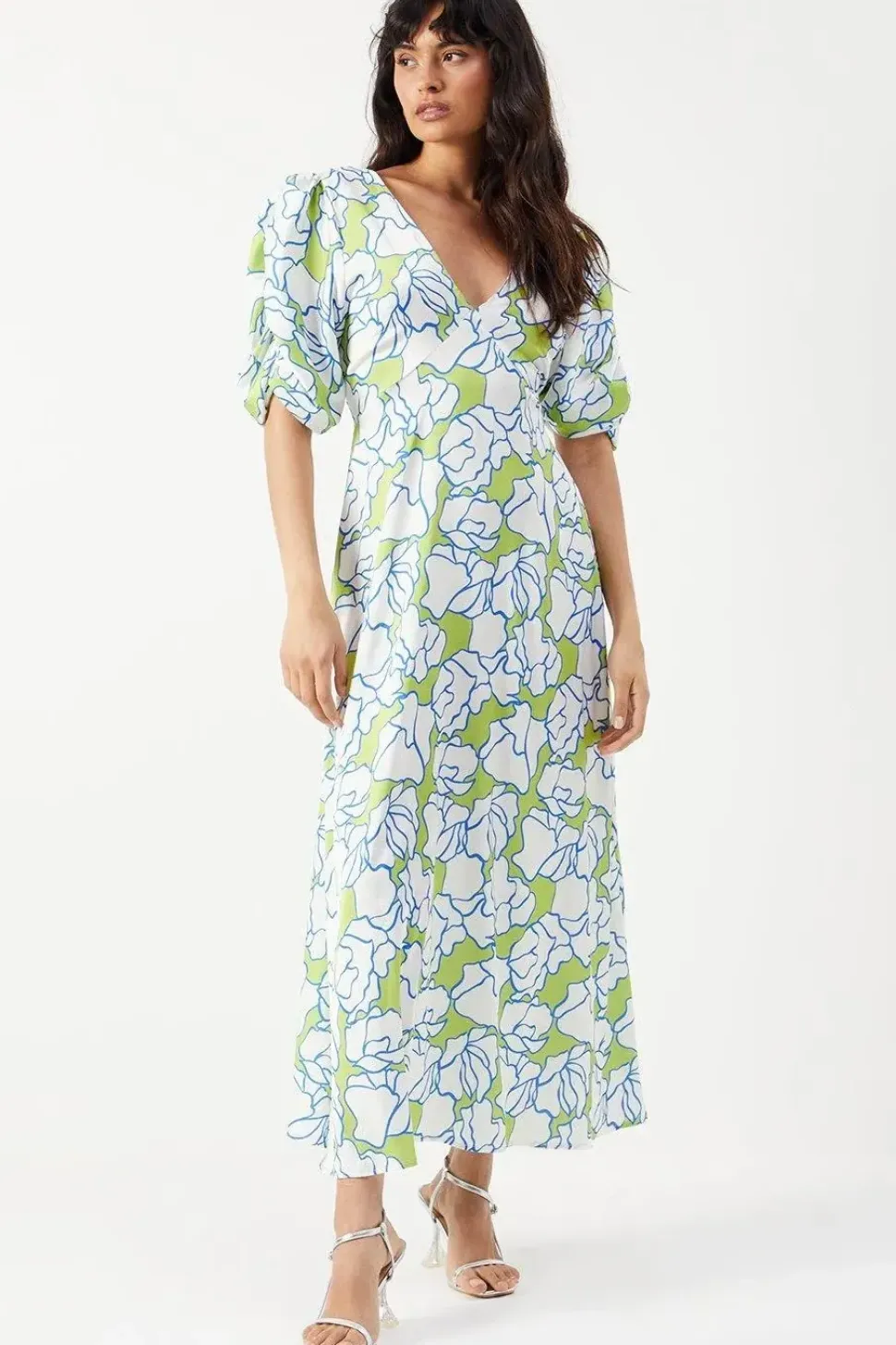 Satin Button Through Volume Sleeve Midi Tea Dress