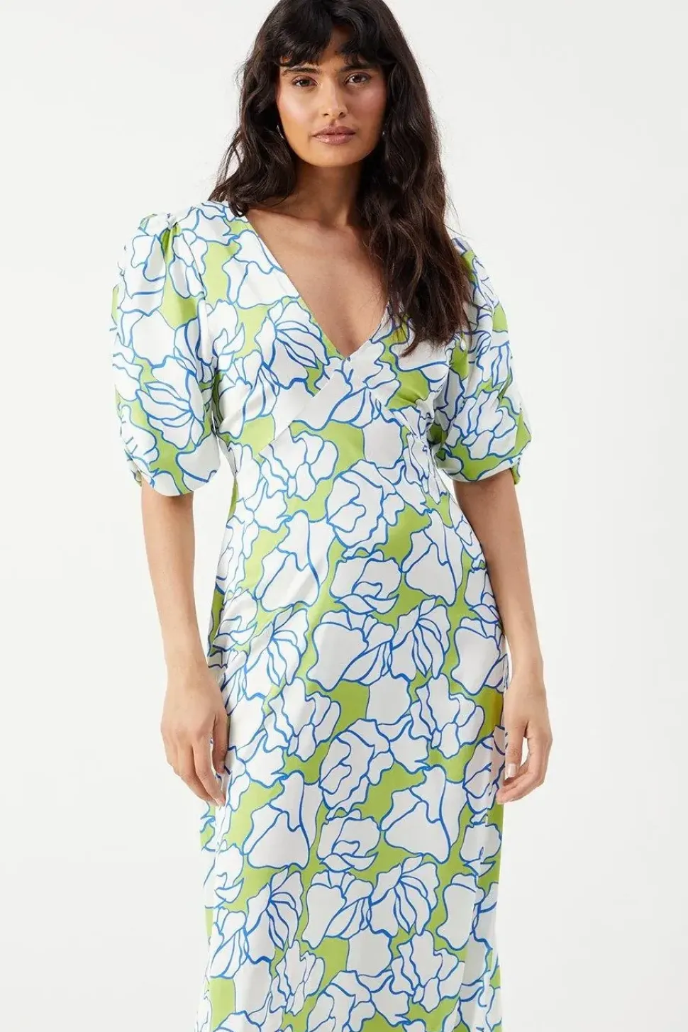 Satin Button Through Volume Sleeve Midi Tea Dress
