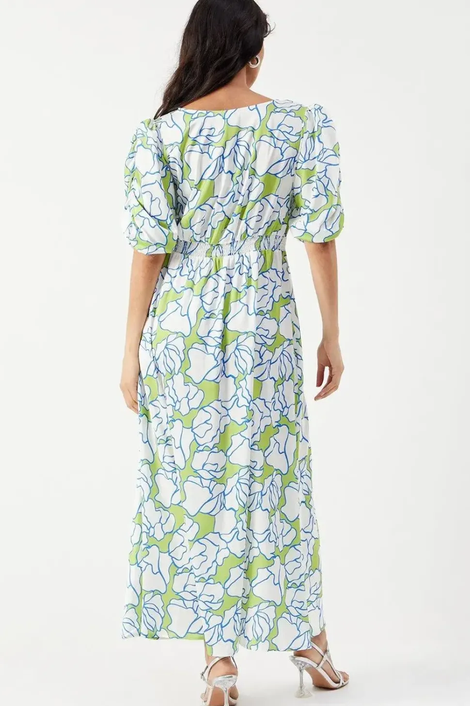 Satin Button Through Volume Sleeve Midi Tea Dress