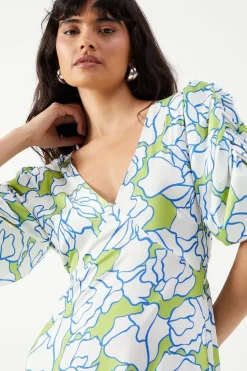 Satin Button Through Volume Sleeve Midi Tea Dress
