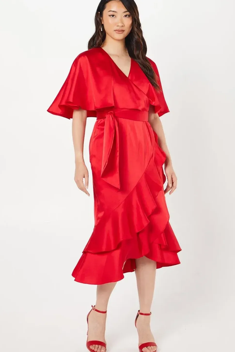 Satin Cape Ruffle Wrap Wedding Guest Dress